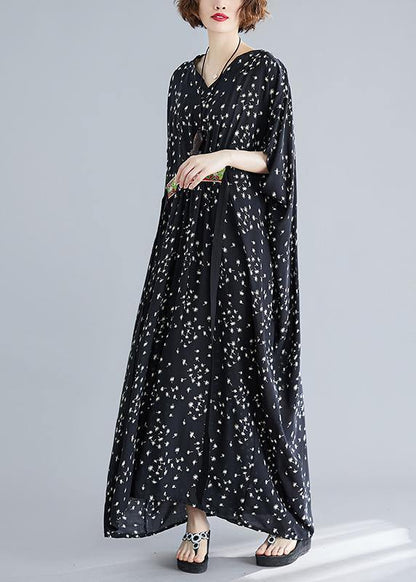 Art Black Print Cotton Cinched Summer Maxi Dress - SooLinen