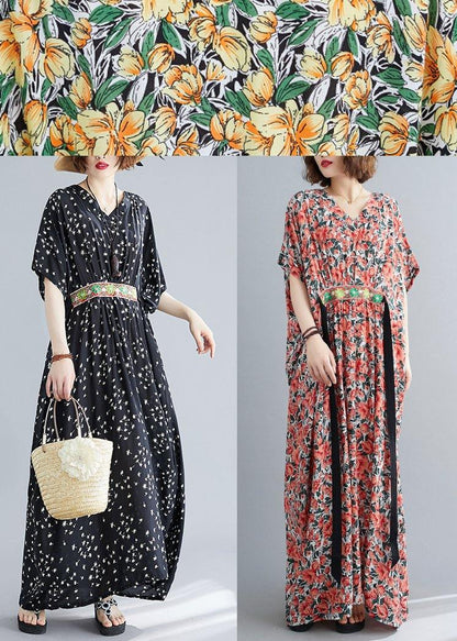 Art Black Print Cotton Cinched Summer Maxi Dress - SooLinen