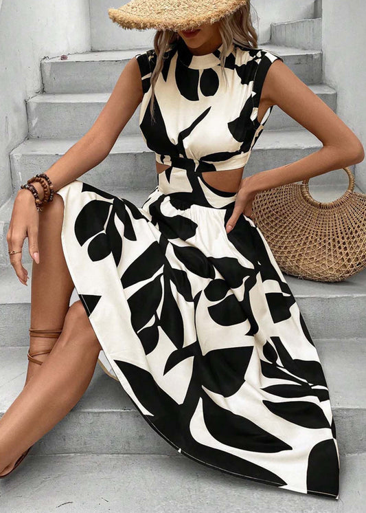 Art Black Print Hollow Out Cotton Long Dress Sleeveless