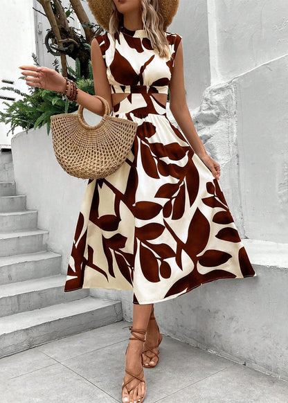 Art Black Print Hollow Out Cotton Long Dress Sleeveless