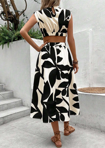 Art Black Print Hollow Out Cotton Long Dress Sleeveless