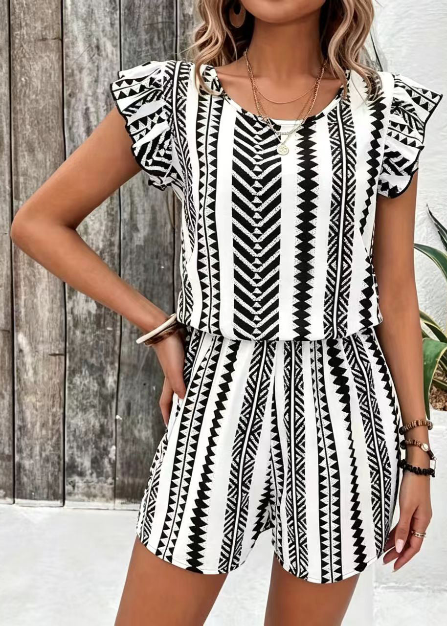 Art Black Print Ruffled Chiffon Jumpsuit Summer