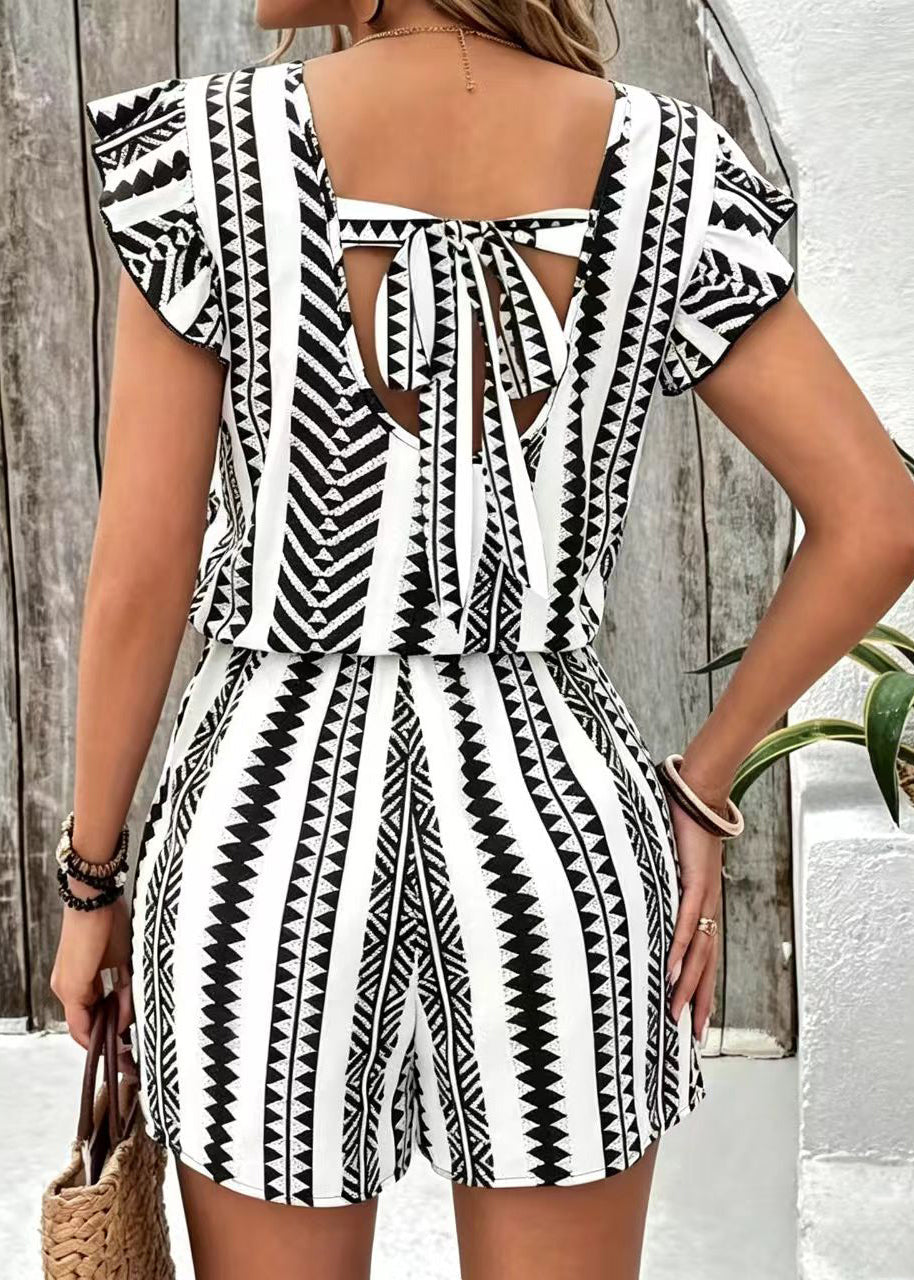 Art Black Print Ruffled Chiffon Jumpsuit Summer