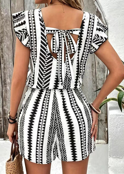 Art Black Print Ruffled Chiffon Jumpsuit Summer