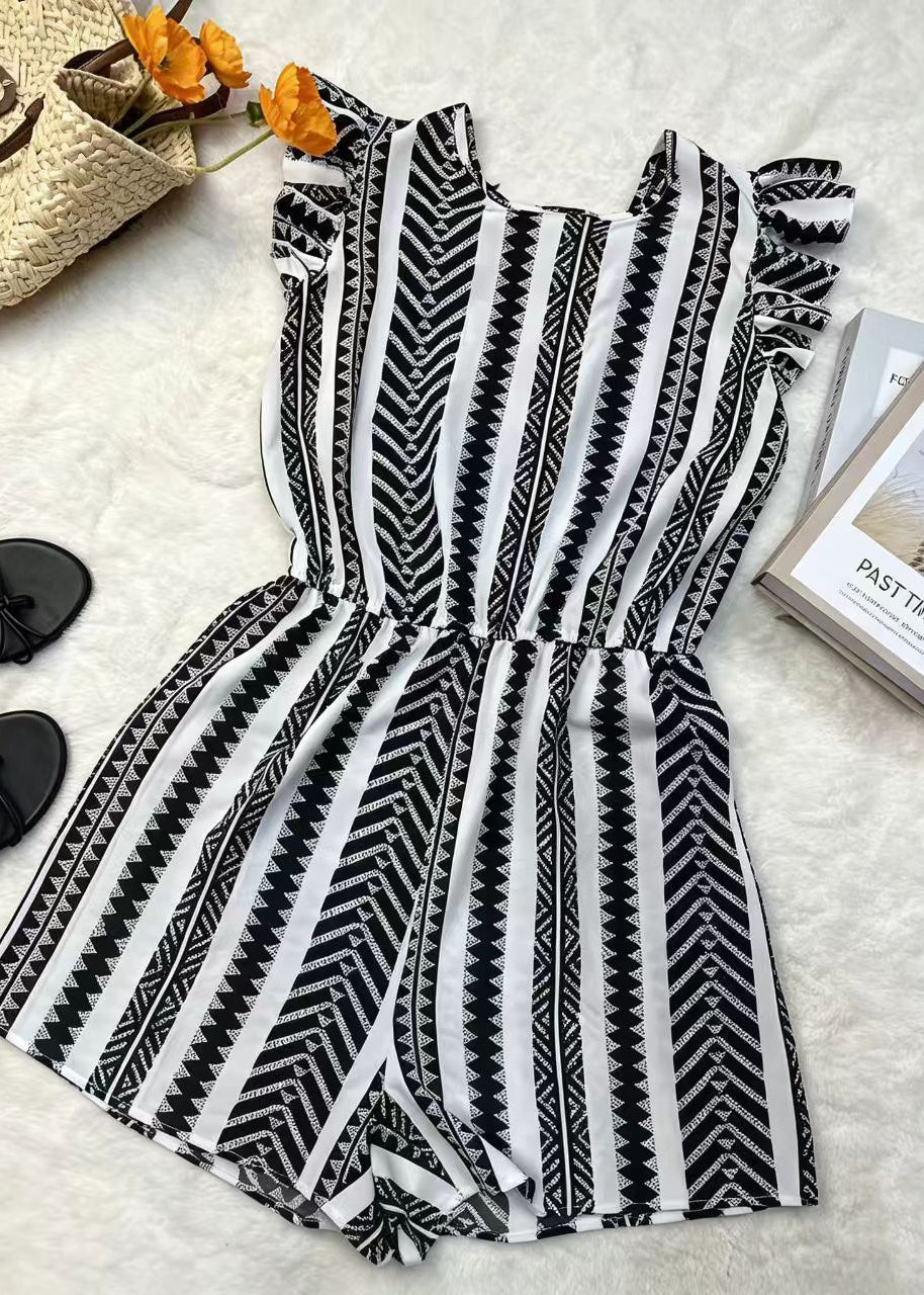 Art Black Print Ruffled Chiffon Jumpsuit Summer