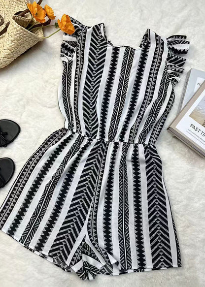 Art Black Print Ruffled Chiffon Jumpsuit Summer