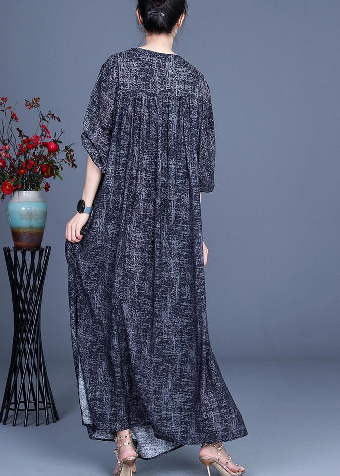 Art Black Print asymmetrical design side open Holiday Summer Spring Linen Dress - SooLinen