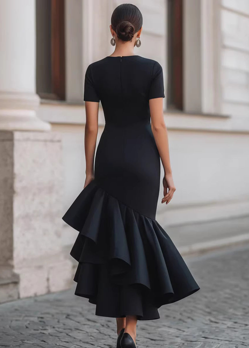 Art Black Ruffled Asymmetrical Design Patchwork Cotton Dresses Summer
