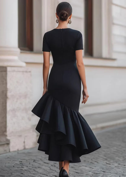 Art Black Ruffled Asymmetrical Design Patchwork Cotton Dresses Summer