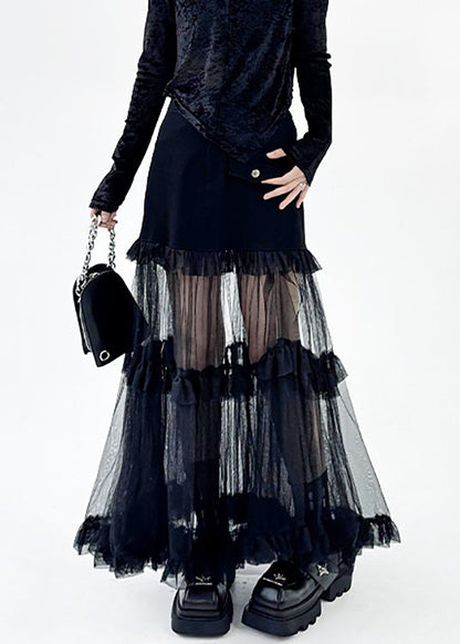 Art Black Ruffled Tulle Patchwork Skirt Summer