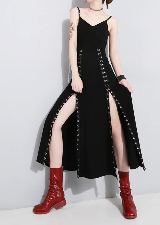 Art Black Summer side open Cotton Spaghetti Strap Dress - SooLinen