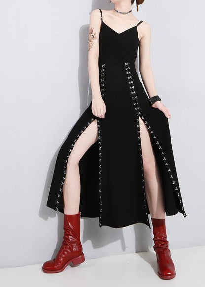 Art Black Summer side open Cotton Spaghetti Strap Dress - SooLinen