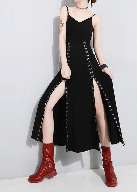 Art Black Summer side open Cotton Spaghetti Strap Dress - SooLinen