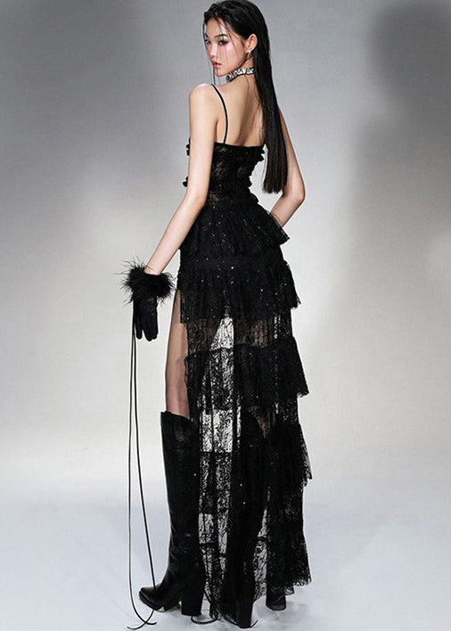 Art Black Tasseled Low High Design Lace Long Dress Summer