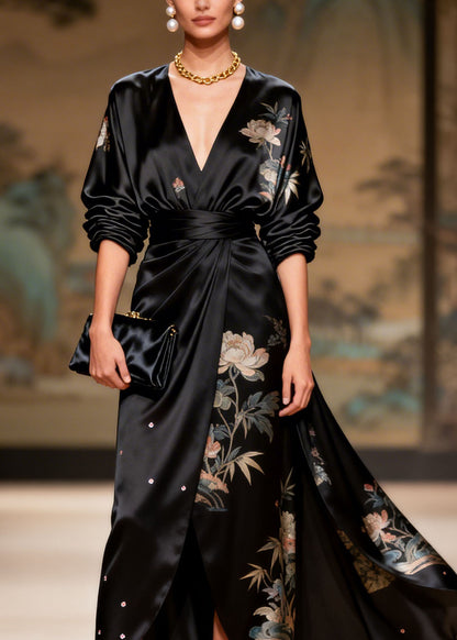 Art Black V Neck Asymmetrical Design Print Sequins Silk Dresses Summer