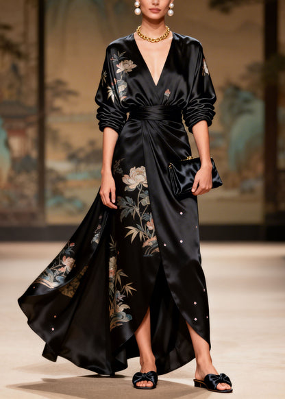 Art Black V Neck Asymmetrical Design Print Sequins Silk Dresses Summer
