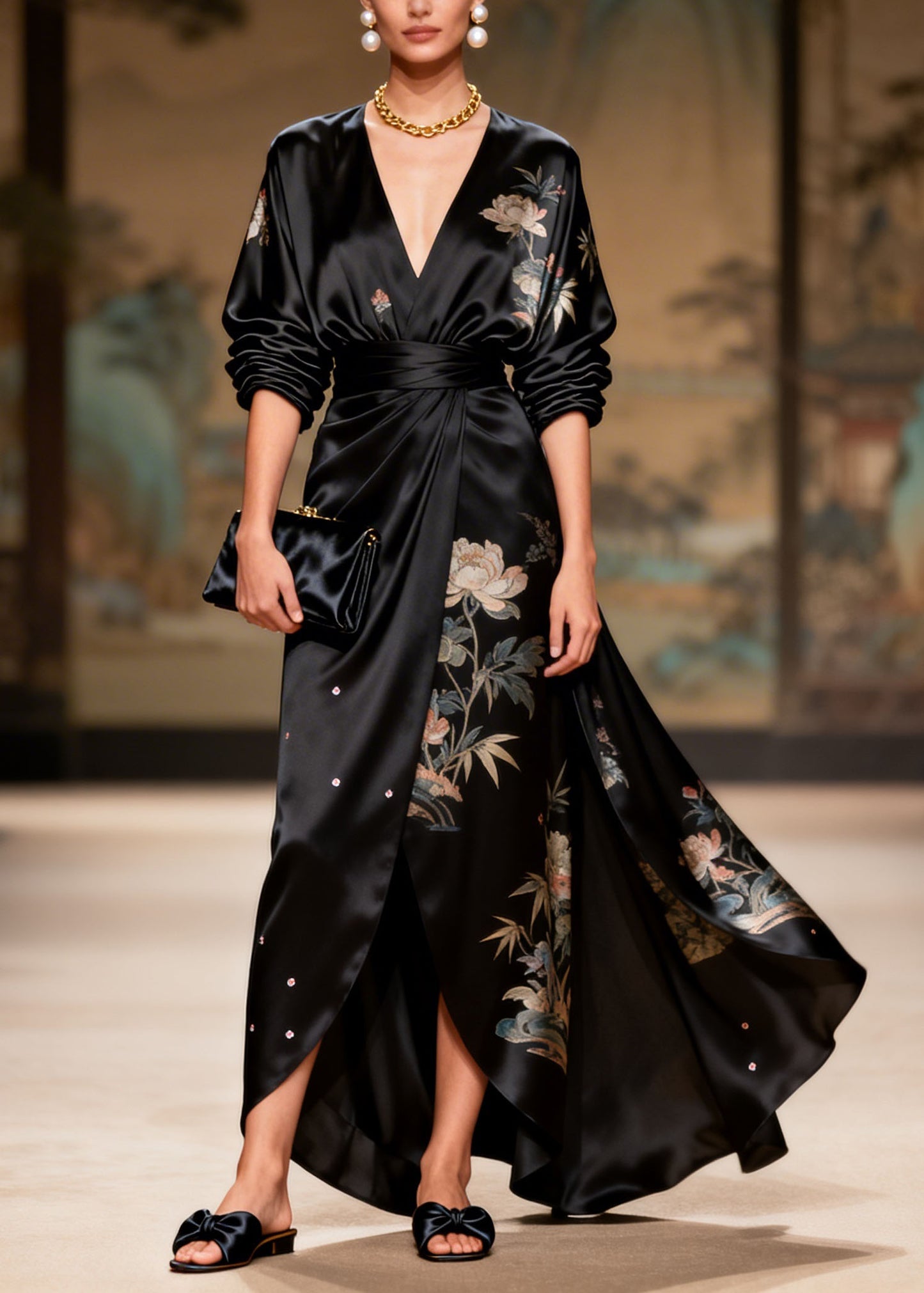 Art Black V Neck Asymmetrical Design Print Sequins Silk Dresses Summer