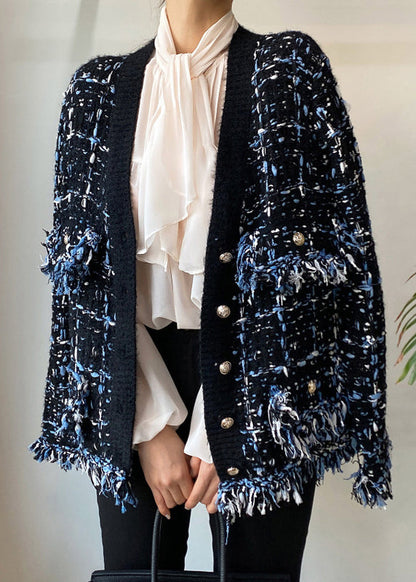 Art Black V Neck Button Pockets Knitted Cotton Coats Spring