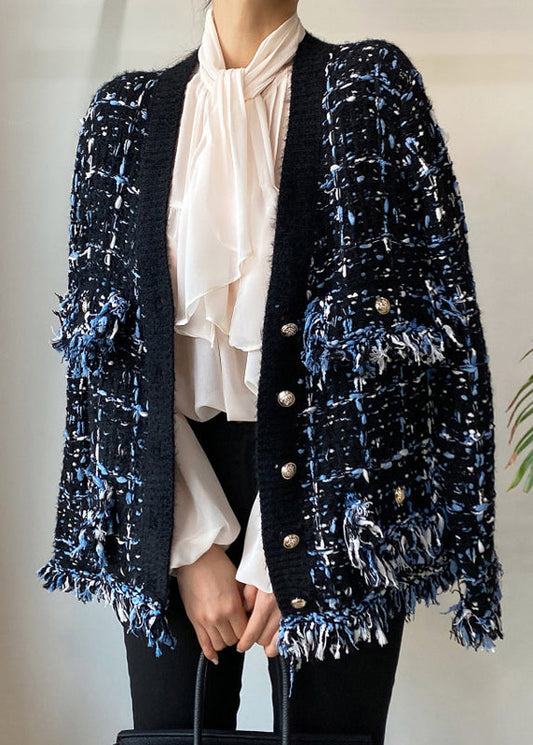 Art Black V Neck Button Pockets Knitted Cotton Coats Spring