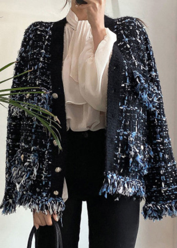 Art Black V Neck Button Pockets Knitted Cotton Coats Spring