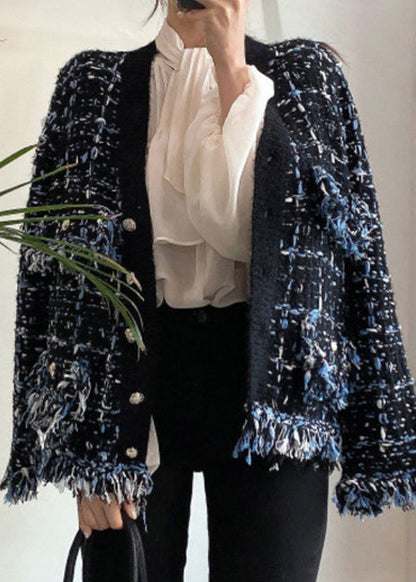 Art Black V Neck Button Pockets Knitted Cotton Coats Spring