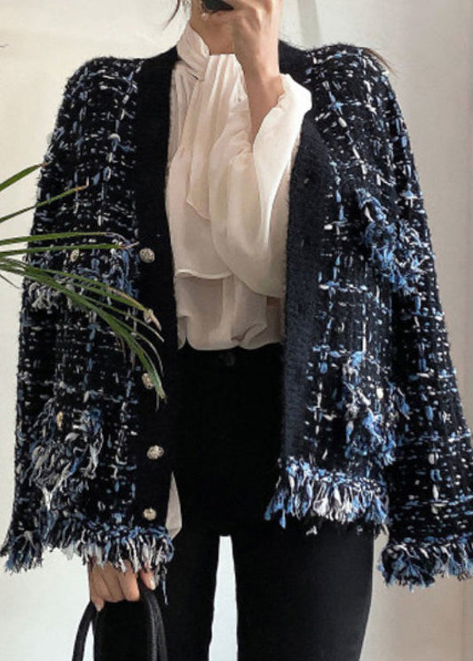 Art Black V Neck Button Pockets Knitted Cotton Coats Spring