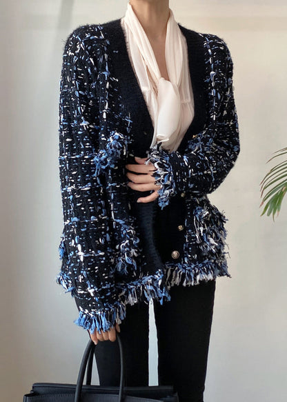 Art Black V Neck Button Pockets Knitted Cotton Coats Spring