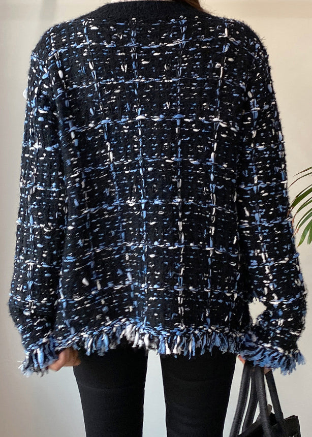 Art Black V Neck Button Pockets Knitted Cotton Coats Spring