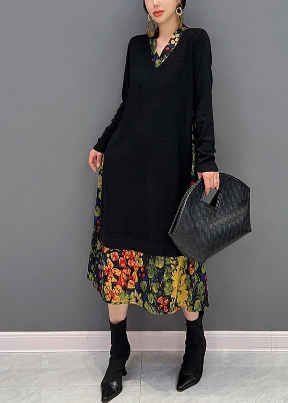 Art Black V Neck Print Patchwork Fake Two Pieces Knit Dresses Fall