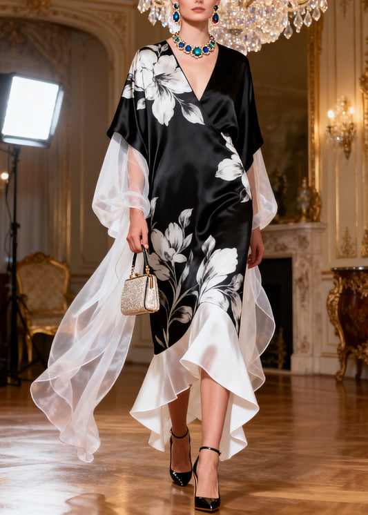 Art Black V Neck Print Patchwork Silk Dress Summer