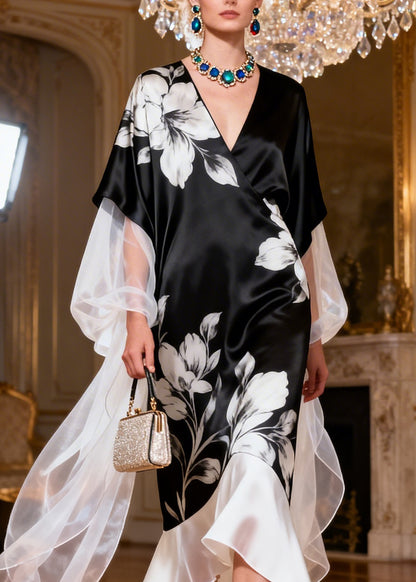 Art Black V Neck Print Patchwork Silk Dress Summer