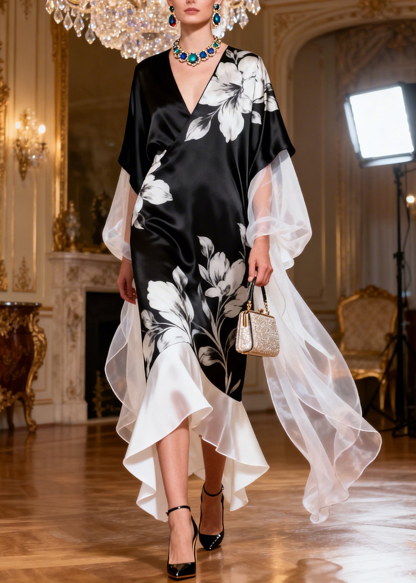 Art Black V Neck Print Patchwork Silk Dress Summer