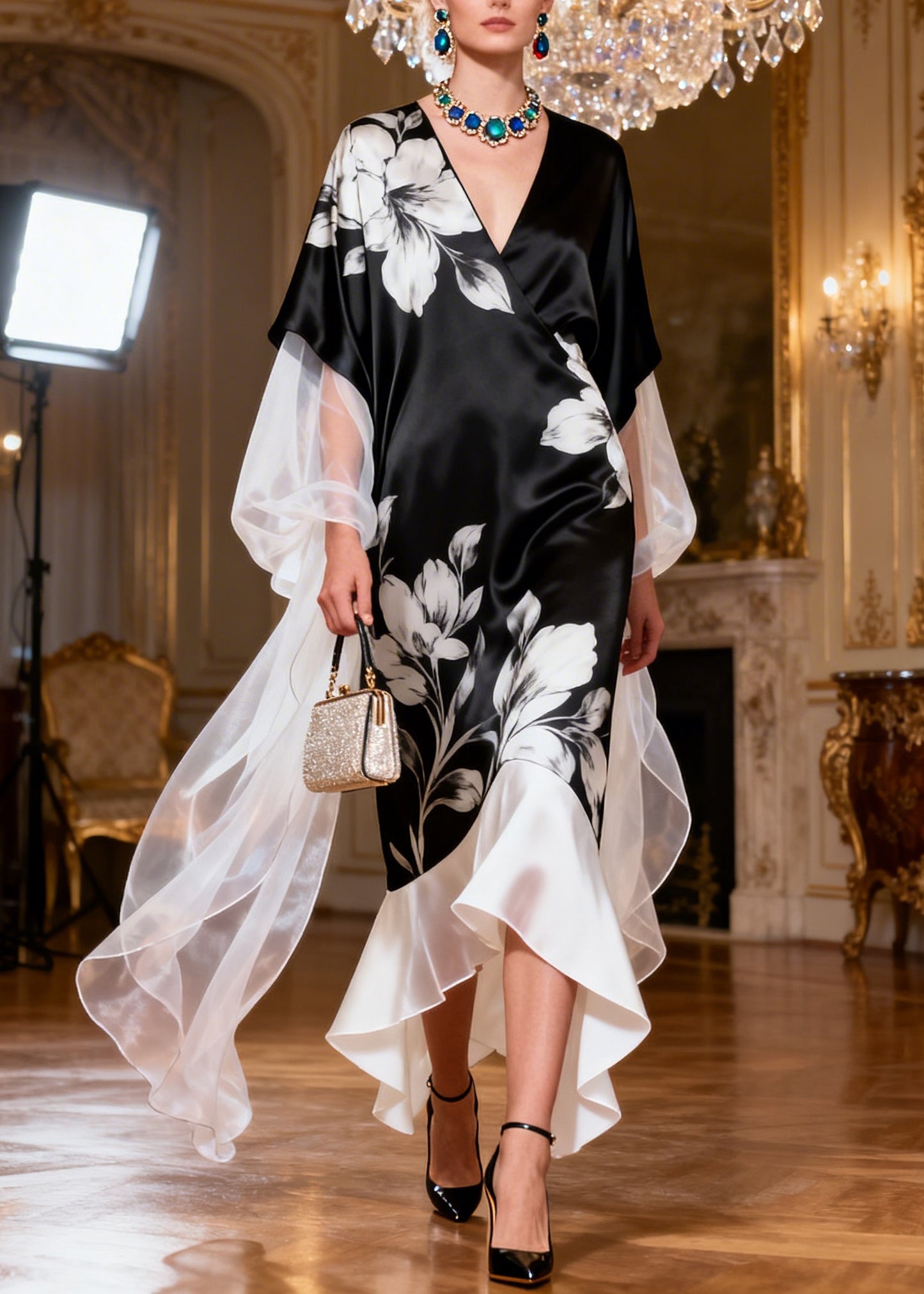 Art Black V Neck Print Patchwork Silk Dress Summer