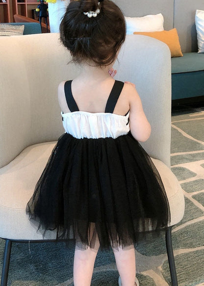 Art Black Wrinkled Patchwork Tulle Kids Girls Dress Sleeveless