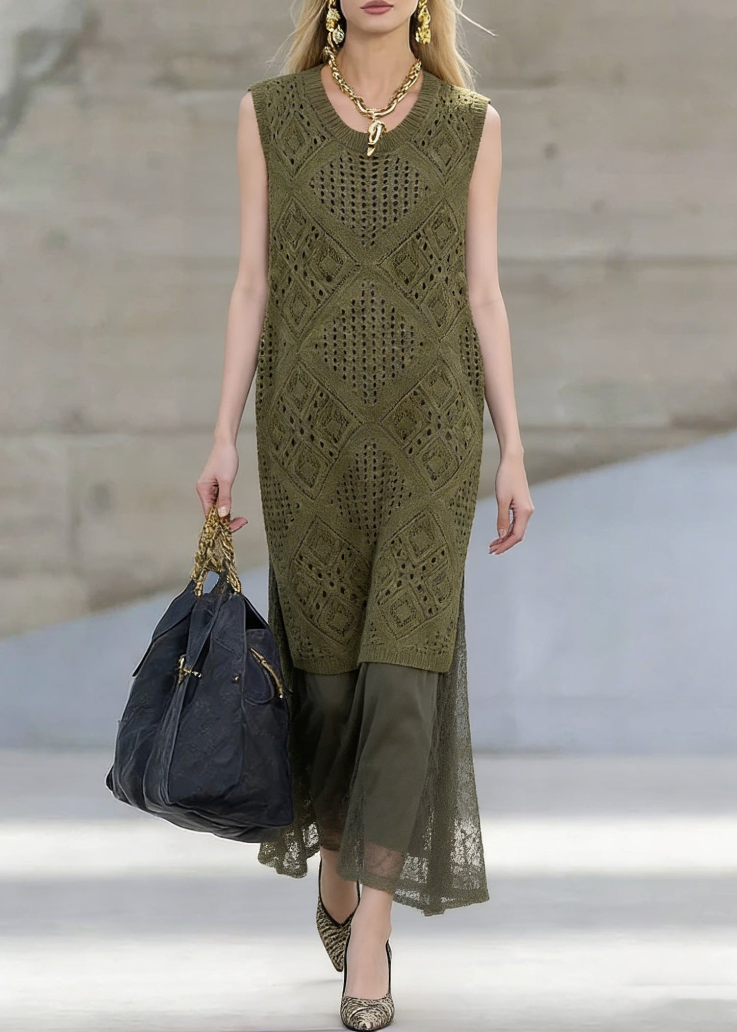 Art Blackish Green Hollow Out Knit Dress And Lace Skirts Two Pieces Set Summer