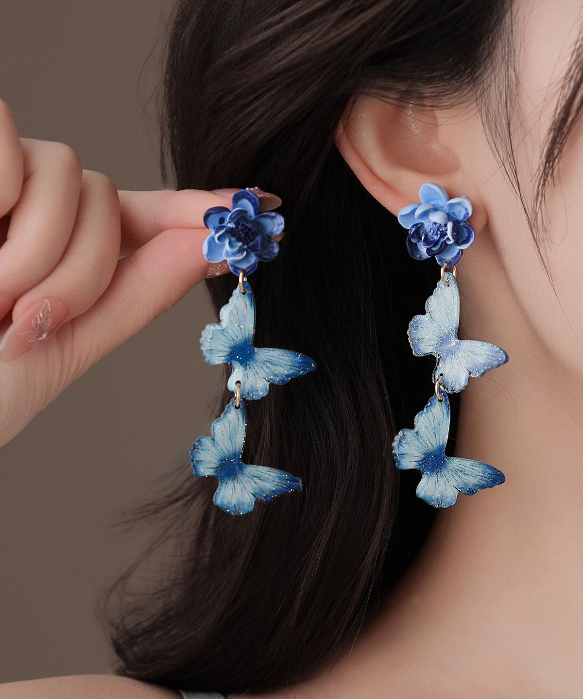 Art Blue Alloy Butterfly Floral Tassel Drop Earrings
