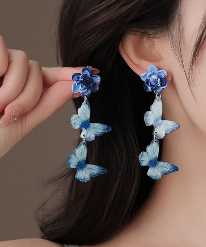 Art Blue Alloy Butterfly Floral Tassel Drop Earrings