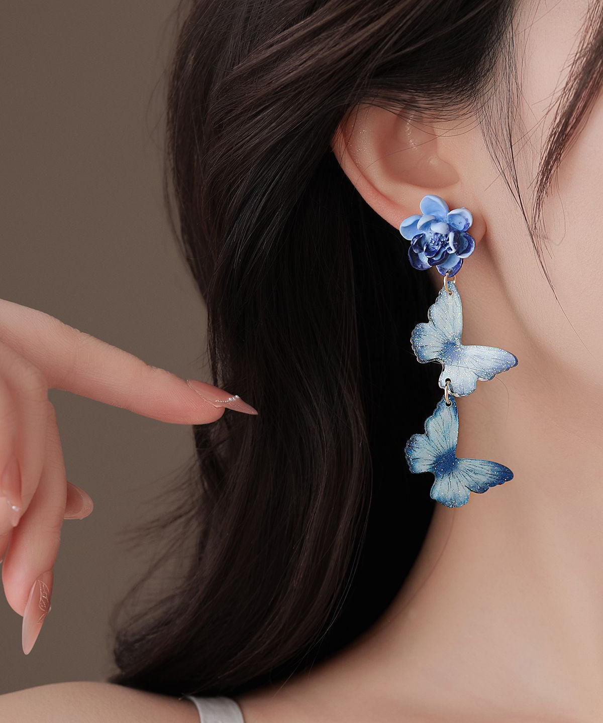 Art Blue Alloy Butterfly Floral Tassel Drop Earrings
