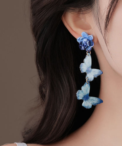 Art Blue Alloy Butterfly Floral Tassel Drop Earrings