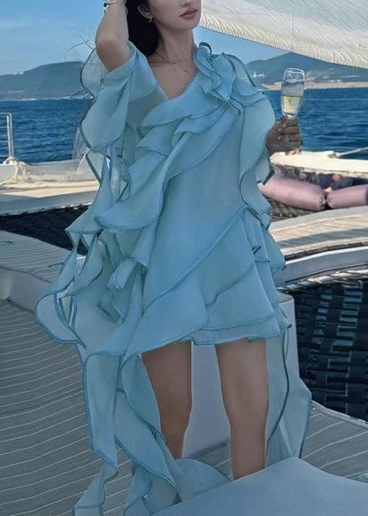 Art Blue Asymmetrical One Shoulder Ruffled Ribbon Mid Dresses Sleeveless