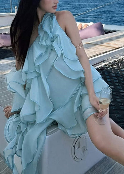 Art Blue Asymmetrical One Shoulder Ruffled Ribbon Mid Dresses Sleeveless