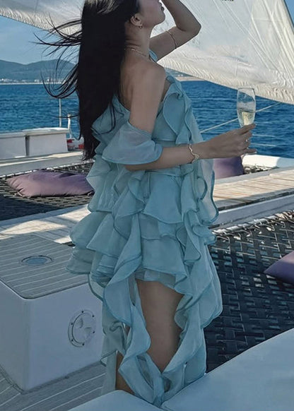 Art Blue Asymmetrical One Shoulder Ruffled Ribbon Mid Dresses Sleeveless