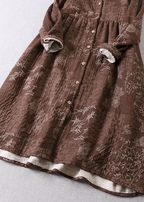 Art Blue Button Patchwork Pockets Fall Print Long sleeve Dress - SooLinen