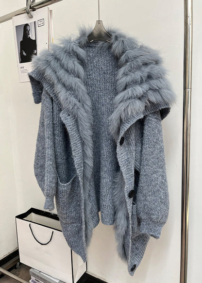 Art Blue Button Pockets Cozy Patchwork Knit Coats