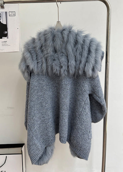 Art Blue Button Pockets Cozy Patchwork Knit Coats