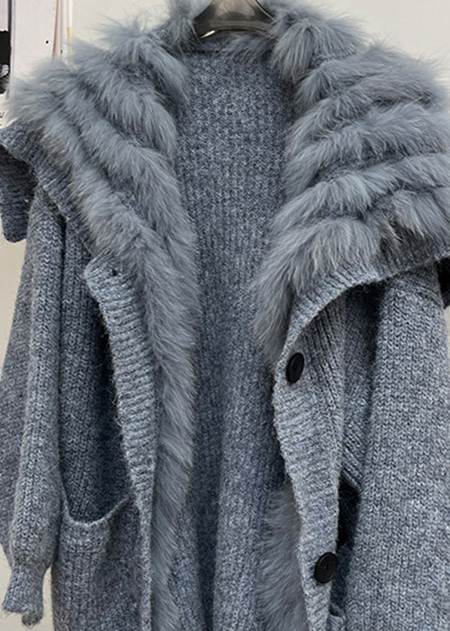 Art Blue Button Pockets Cozy Patchwork Knit Coats