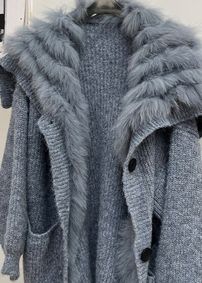 Art Blue Button Pockets Cozy Patchwork Knit Coats