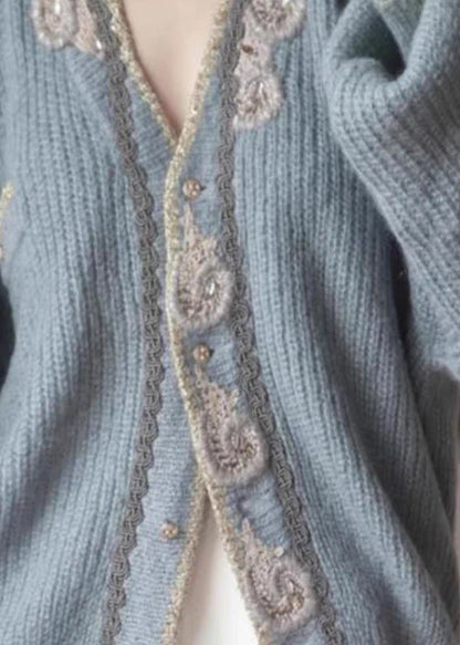 Art Blue Embroidered Button Knit Cardigans Spring