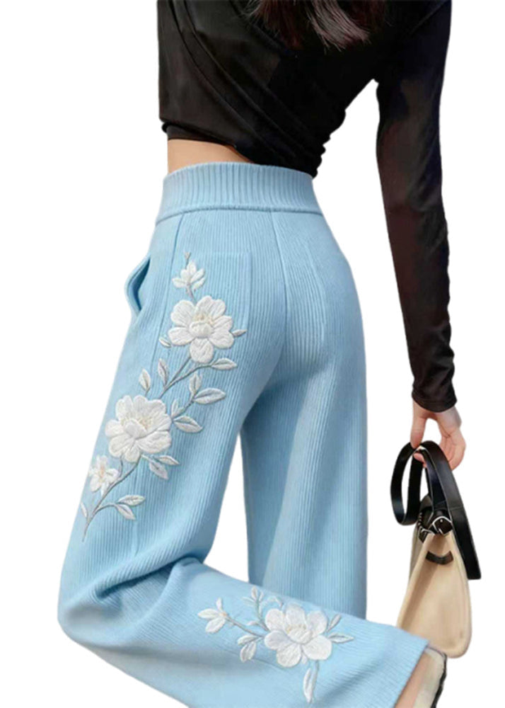 Art Blue Embroidered Floral Knit Straight Pants Spring