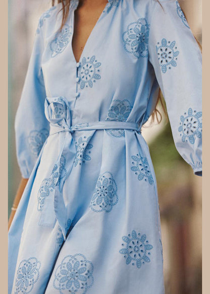 Art Blue Embroidered Hollow Out Tie Waist Cotton Mid Dress Half Sleeve